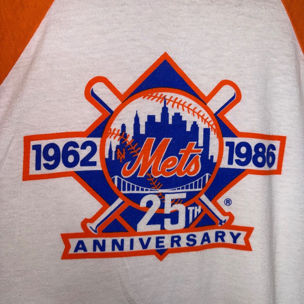 Vintage 1985 NY Mets 25th Anniversary Handtex Raglan Shirt Orange White Large - Picture 4 of 8